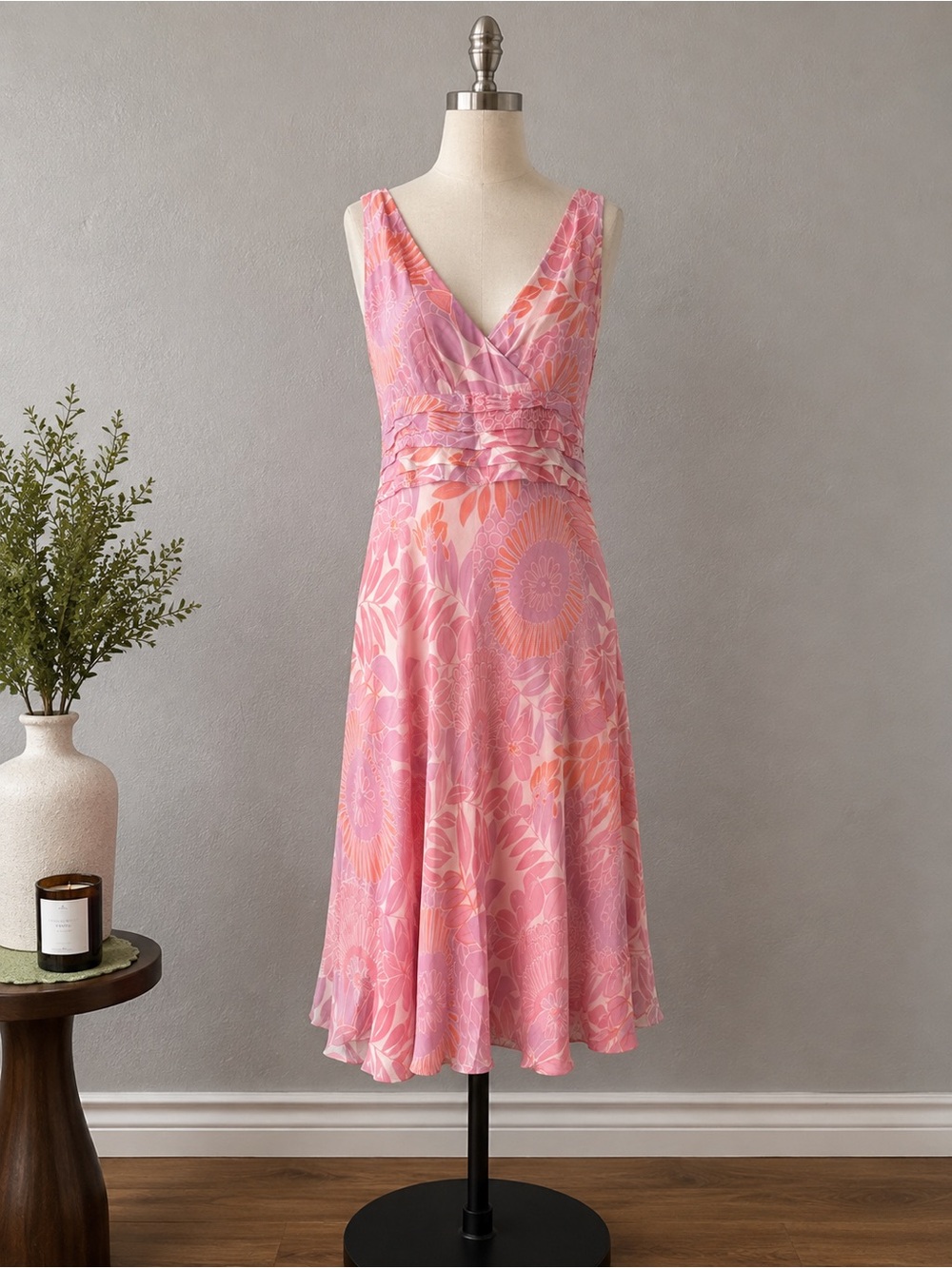 Dressbarn Collection 100% Silk Pink Floral Midi Dress Size 10 Y2K